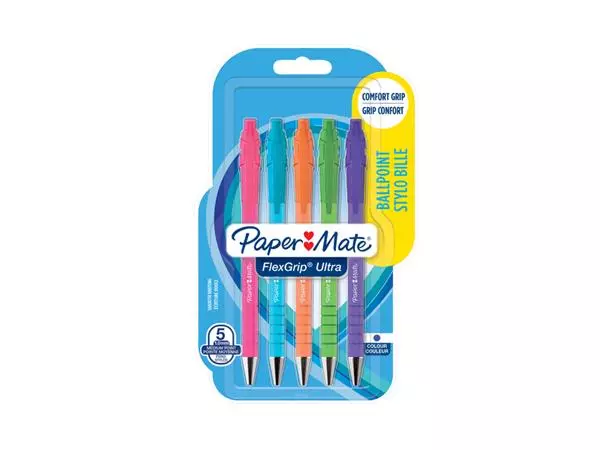 Een Balpen Paper Mate Flexgrip drukknop Bright fun medium schrijfkleur blauw blister à 5 stuks koop je bij EconOffice