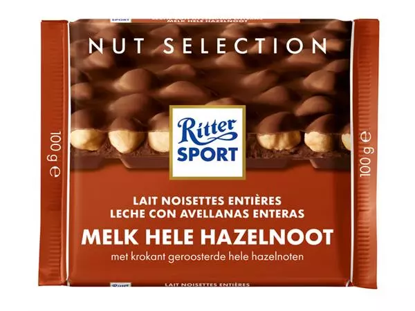Een Chocolade Ritter Sport melk-hele hazelnoot 100gr koop je bij Van Leeuwen Boeken- en kantoorartikelen