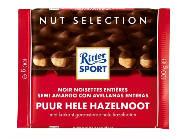 Een Chocolade Ritter Sport puur-hele hazelnoot 100gr koop je bij Van Leeuwen Boeken- en kantoorartikelen