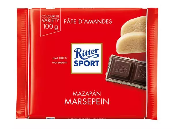 Een Chocolade Ritter Sport puur-marsepein 100gr koop je bij Totaal Kantoor Goeree