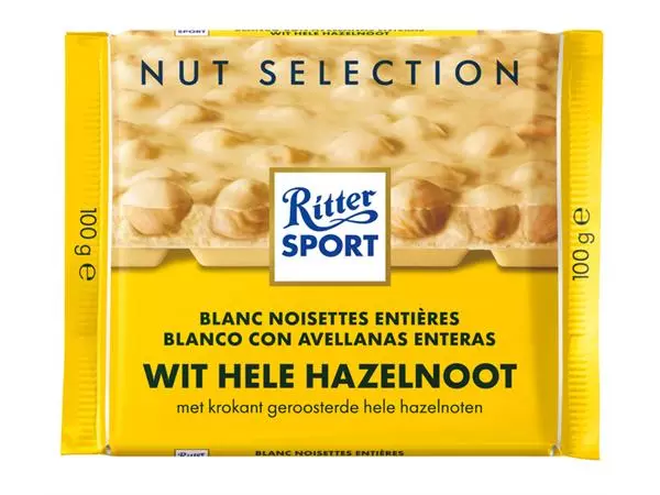 Een Chocolade Ritter Sport wit-hele hazelnoot 100gr koop je bij Van Leeuwen Boeken- en kantoorartikelen