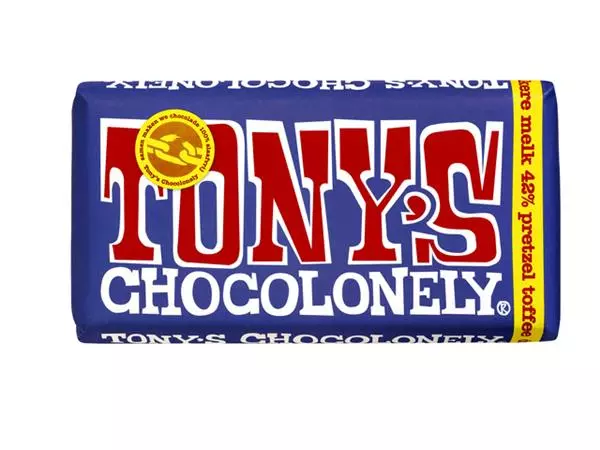 Een Chocolade Tony's Chocolonely donker melk pretzel toffee reep 180gr koop je bij EconOffice