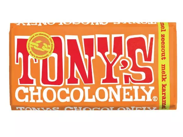 Een Chocolade Tony's Chocolonely melk karamel zeezout reep 180gr koop je bij Totaal Kantoor Goeree