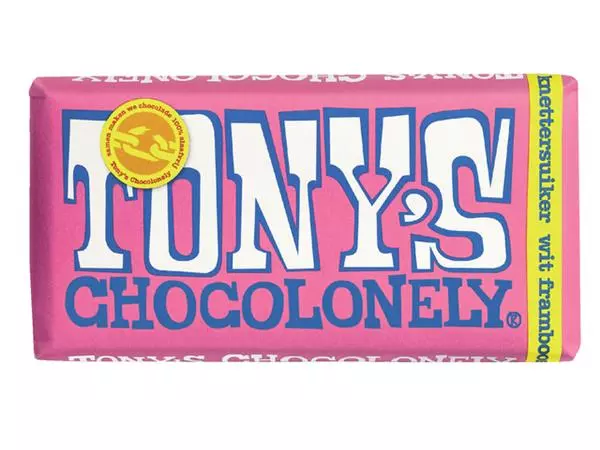 Een Chocolade Tony's Chocolonely wit framboos knettersuiker reep 180gr koop je bij Van Leeuwen Boeken- en kantoorartikelen
