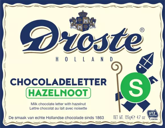 Chocoladeletter Droste "S" melk hazelnoot 135gr