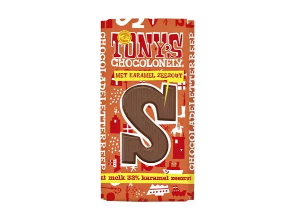 Een Chocoladeletter Tony's Chocolonely melk karamel zeezout S 180gr koop je bij Tonerinktshop