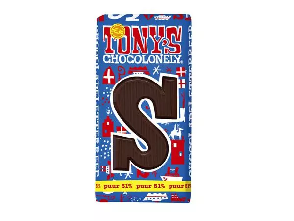 Chocoladeletter Tony's Chocolonely puur S 180gr