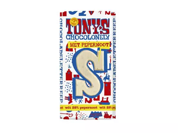 Chocoladeletter Tony's Chocolonely wit pepernoot S 180gr