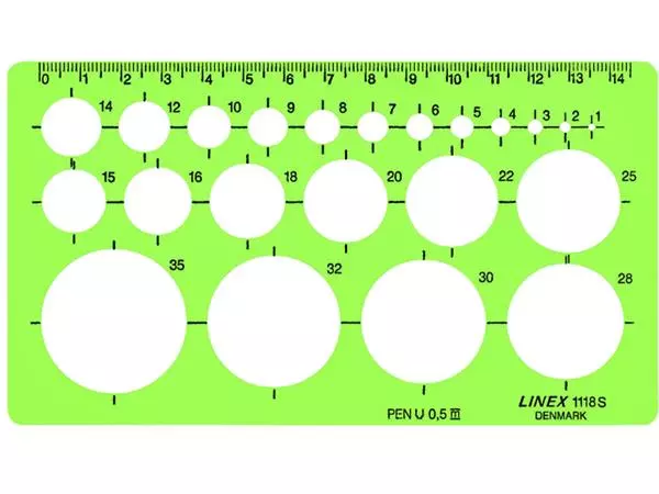 Een Cirkelsjabloon Linex 22 cirkels met inktvoetjes 1-35mm groen koop je bij KantoorProfi België BV