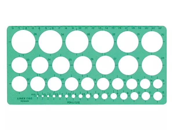 Een Cirkelsjabloon Linex 39 cirkels met inktvoetjes 1-35mm groen koop je bij Van Hoye Kantoor BV