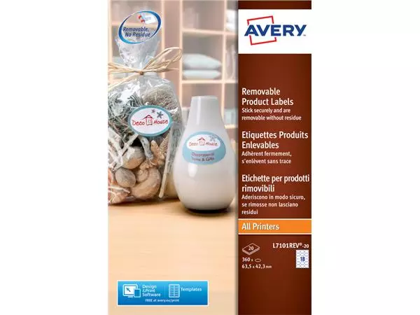 Een Etiket Avery L7101REV-20 63.5x42.3mm afneembaar mat wit 360stuks koop je bij Kantoorvakhandel van der Heijde