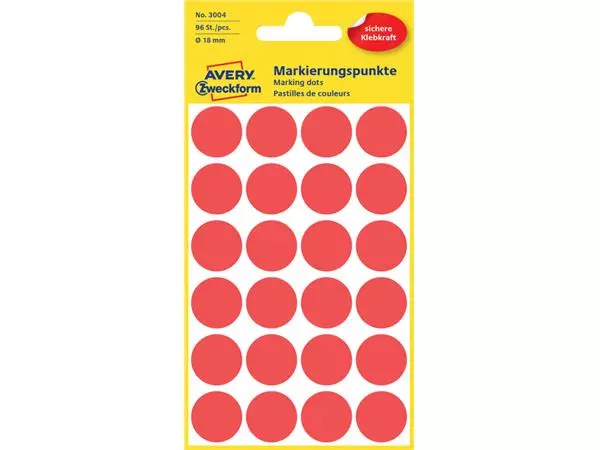 Een Etiket Avery Zweckform 3004 rond 18mm rood 96stuks koop je bij KantoorProfi België BV