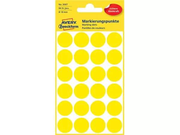 Een Etiket Avery Zweckform 3007 rond 18mm geel 96stuks koop je bij Van Leeuwen Boeken- en kantoorartikelen