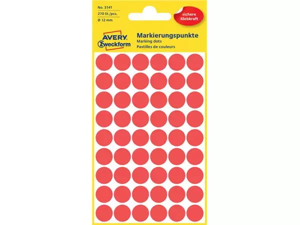 Een Etiket Avery Zweckform 3141 rond 12mm rood 270stuks koop je bij Totaal Kantoor Goeree