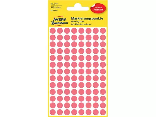 Etiket Avery Zweckform 3177 rond 8mm lichtrood 416stuks