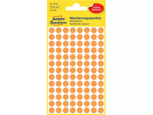 Een Etiket Avery Zweckform 3178 rond 8mm oranje 416stuks koop je bij EconOffice