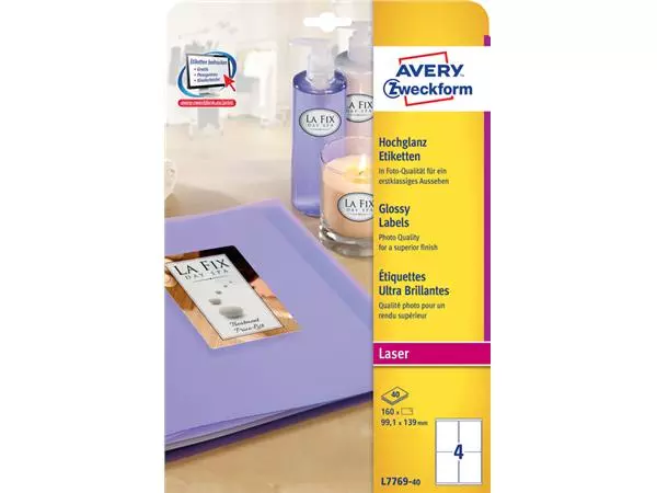 Een Etiket Avery Zweckform L7769-40 99.1x139mm hoogglans wit 160stuks koop je bij EconOffice