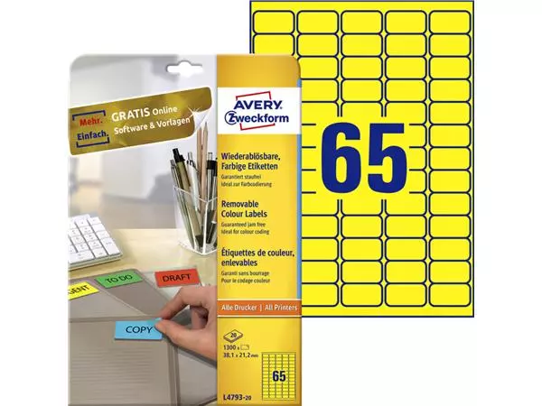 Een Etiket Avery ZweckformL4793-20 38.1x21.2mm geel 1300stuks koop je bij NiceSupplies.nl