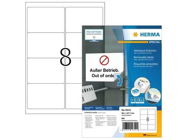 Een Etiket HERMA 10312 99.1x67.7mm verwijderbaar wit 800 etiketten koop je bij KantoorProfi België BV