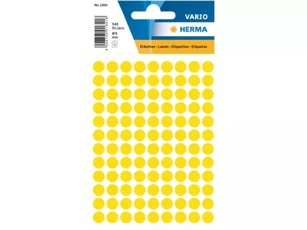 Een Etiket HERMA 1841 rond 8mm geel 540stuks koop je bij Van Hoye Kantoor BV