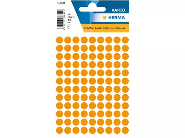 Een Etiket HERMA 1844 rond 8mm fluor oranje 540stuks koop je bij EconOffice