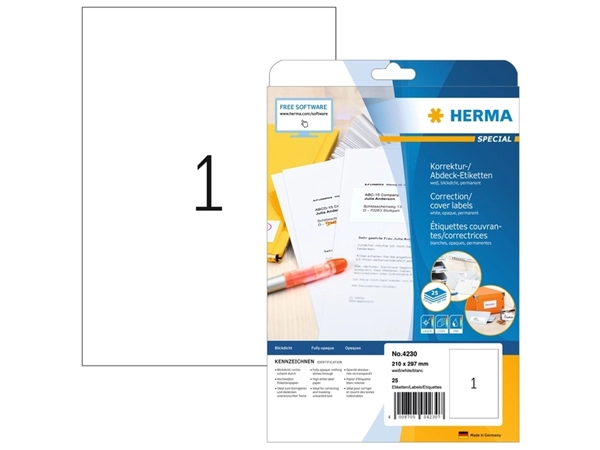 Een Etiket HERMA 4230 210x297mm A4 correctie wit 25stuks koop je bij NiceSupplies.nl