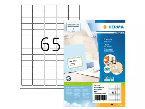 Een Etiket HERMA 4254 38.1x21.2mm premium wit 6500stuks koop je bij Van Leeuwen Boeken- en kantoorartikelen