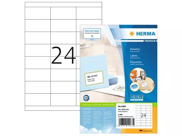 Een Etiket HERMA 4263 70x33.8mm premium wit 2400stuks koop je bij QuickOffice BV