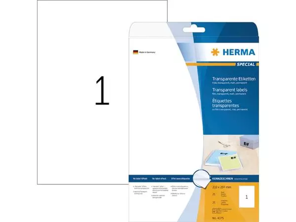 Een Etiket HERMA 4375 210x297mm A4 transparant 25stuks koop je bij MV Kantoortechniek B.V.
