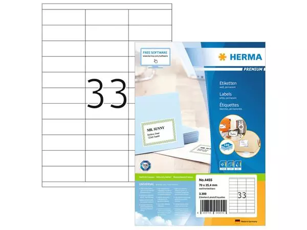 Etiket HERMA 4455 70x25.4mm premium wit 3300stuks