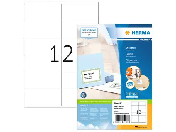 Een Etiket HERMA 4457 105x48mm premium wit 1200stuks koop je bij Totaal Kantoor Goeree