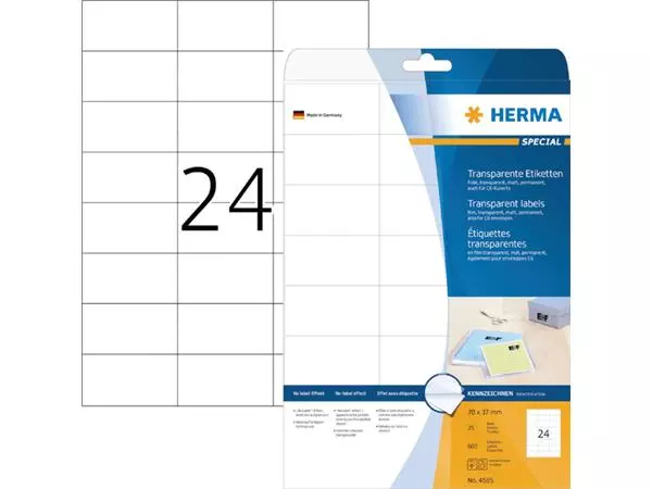 Een Etiket HERMA 4685 70x37mm transparant 600stuks koop je bij EconOffice