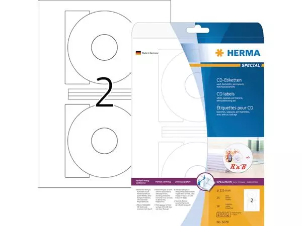 Een Etiket HERMA 5079 CD 116mm wit opaqua 50stuks koop je bij KantoorProfi België BV