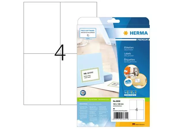 Een Etiket HERMA 8630 105x148mm premium wit 40stuks koop je bij KantoorProfi België BV
