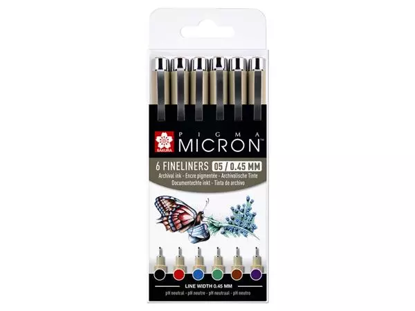 Een Fineliner Sakura Pigma Micron 05 basic set 6 kleuren koop je bij Goedkope Kantoorbenodigdheden