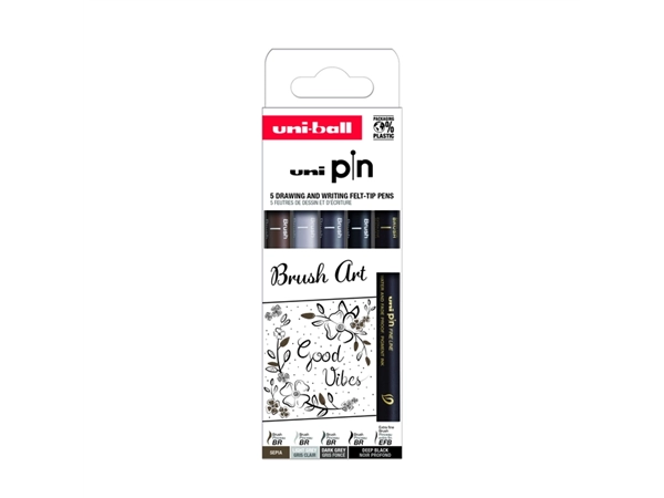 Een Fineliner Uni-ball Pin Brush Art set à 5 stuks assorti koop je bij Van Hoye Kantoor BV