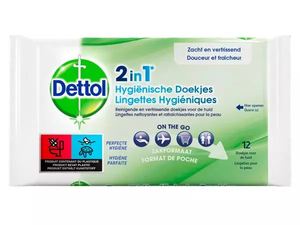 Een Hygiënische verfrissingsdoekjes Dettol Wipes 2-in-1 12st koop je bij Goedkope Kantoorbenodigdheden