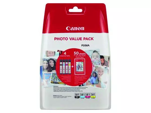 Een Inktcartridge Canon CLI-581 4 kleuren + 50vel fotopap 10x15cm koop je bij Goedkope Kantoorbenodigdheden