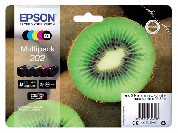 Een Inktcartridge Epson 202 T02E74 zwart + 3 kleuren + foto zwart koop je bij NiceSupplies.nl