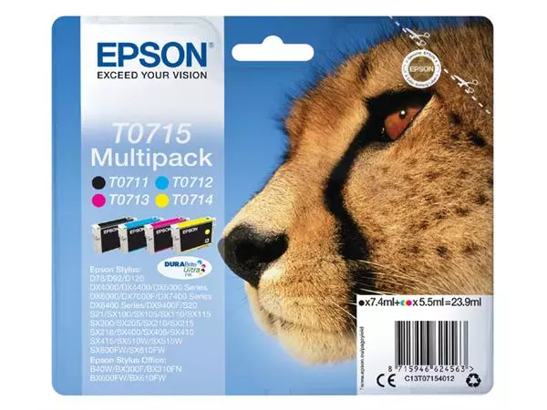 Inktcartridge Epson T0715 zwart + 3 kleuren