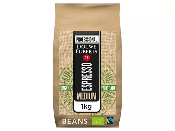 Een Koffie Douwe Egberts espresso bonen medium roast Organic en Fairtrade 1kg koop je bij EconOffice