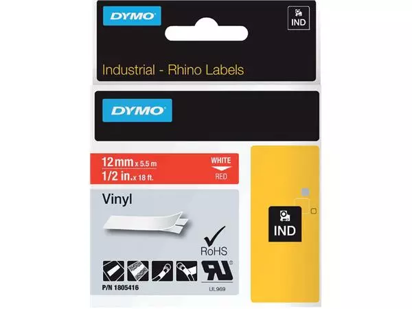 Een Labeltape Dymo Rhino industrieel vinyl 12mm wit op rood koop je bij KantoorProfi België BV