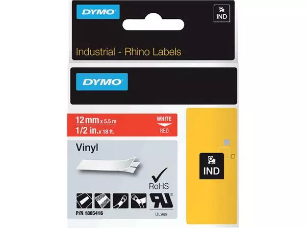 Een Labeltape Dymo Rhino industrieel vinyl 12mm wit op rood koop je bij Van Hoye Kantoor BV