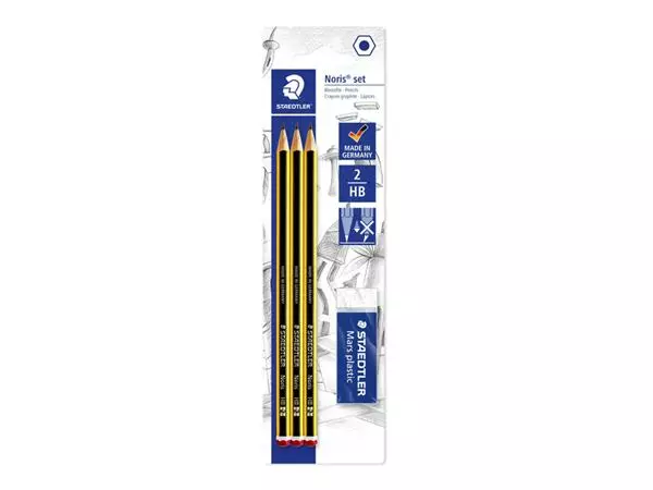 Een Potlood Staedtler Noris HB blister à 3 stuks met gum koop je bij Goedkope Kantoorbenodigdheden