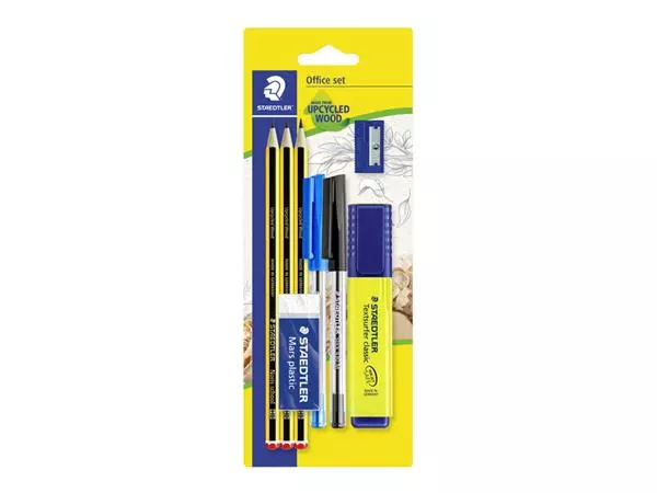 Een Schrijfset Staedtler inhoud 3 Noris potloden HB - 2 balpennen, markeerstift, gum en slijper koop je bij Van Leeuwen Boeken- en kantoorartikelen