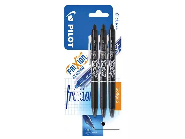 Een Rollerpen PILOT friXion clicker medium zwart blister à 3 stuks koop je bij Alles voor uw kantoor