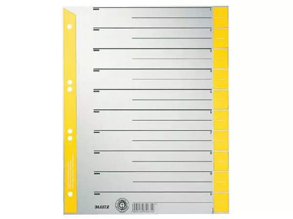 Een Scheidingsbladen Leitz A4 karton 230gr 6-gaats geel koop je bij Van Leeuwen Boeken- en kantoorartikelen