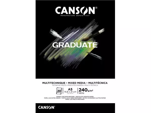 Tekenblok Canson Graduate Mixed Media black paper A5 20vel 240gr