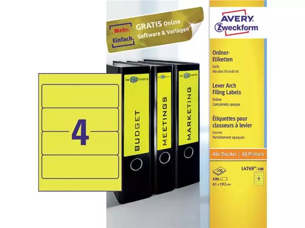 Een Rugetiket Avery breed 61x192mm zelfklevend geel koop je bij EconOffice