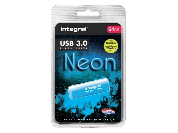 Een USB-stick 3.0 Integral 64GB neon blauw koop je bij NiceSupplies.nl